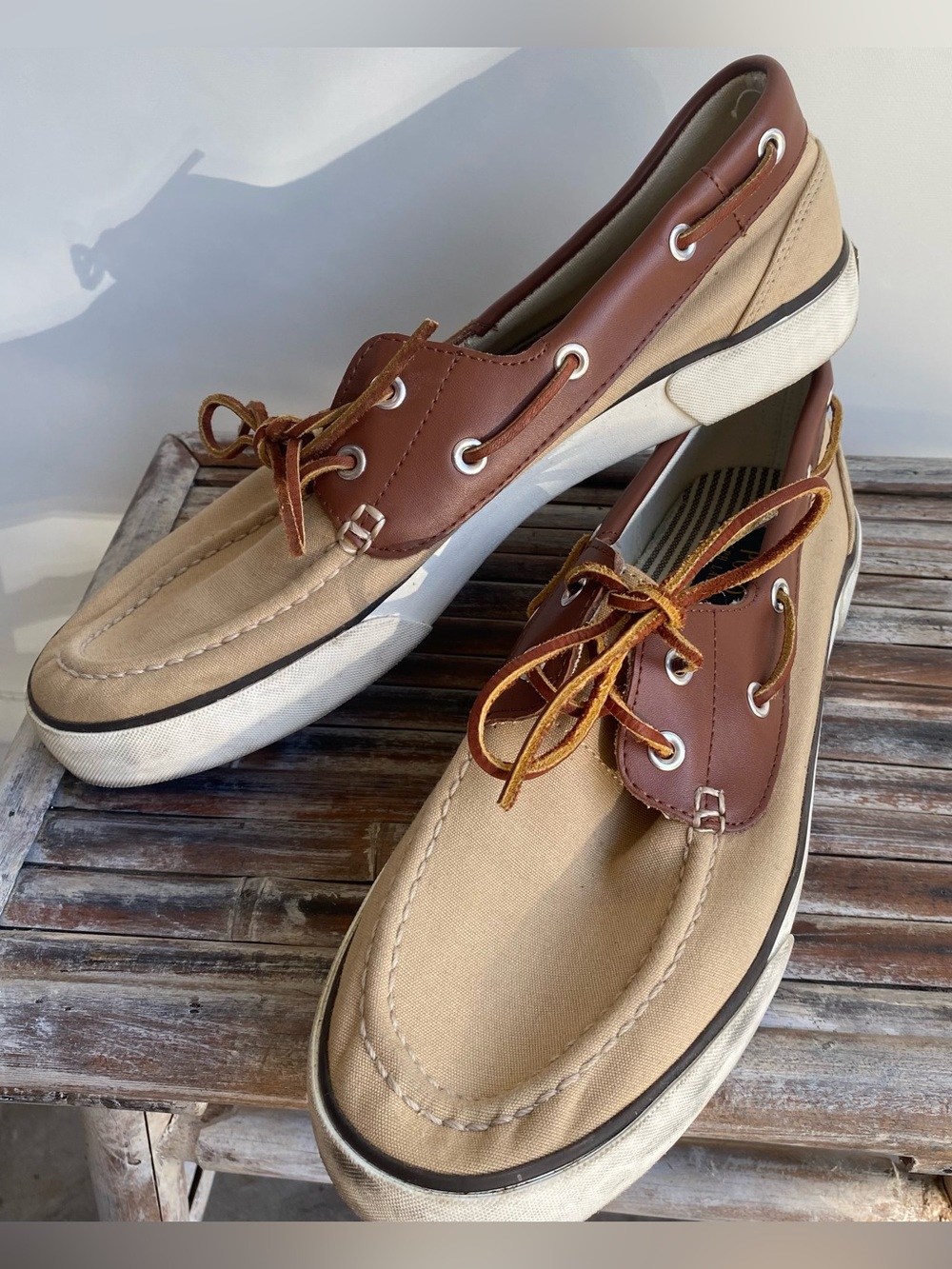 Mens POLO Ralph Lauren tan canvas leather Rylander boat shoes preppy casual 10